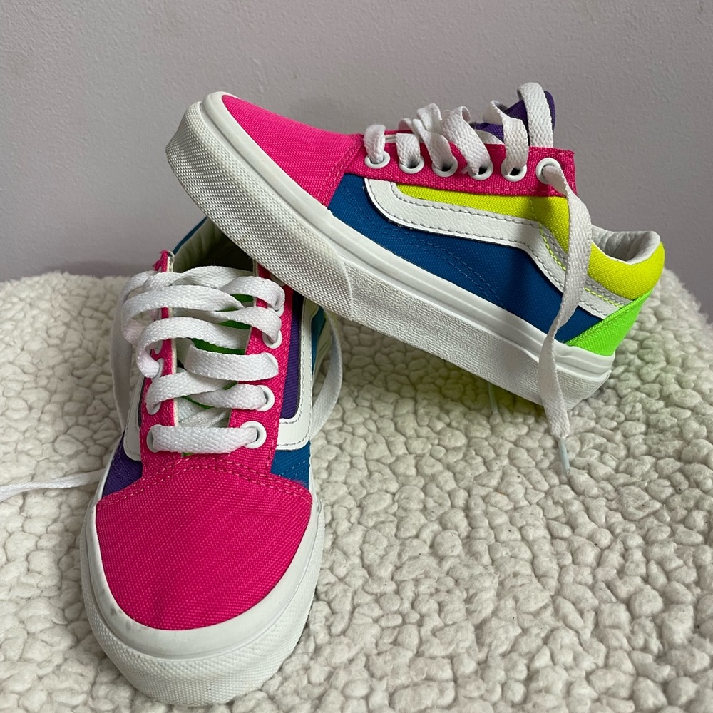 Vans Old Skool Neon Color-Block Skate Shoe - Little Kid- Pink / Purple / Yellow